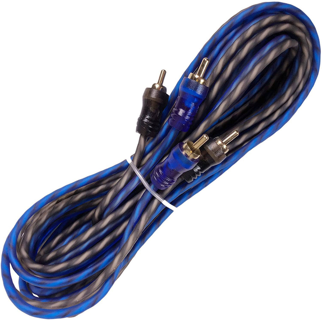 Blue and black RCA cable set with connectors and braided shielding