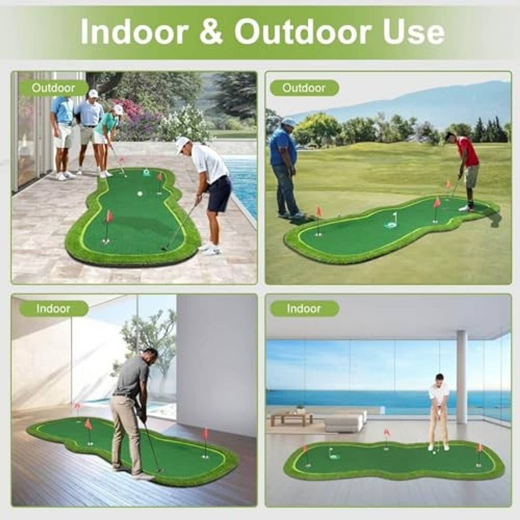 Green indoor outdoor putting green mat with red-flag holes and white ball targets