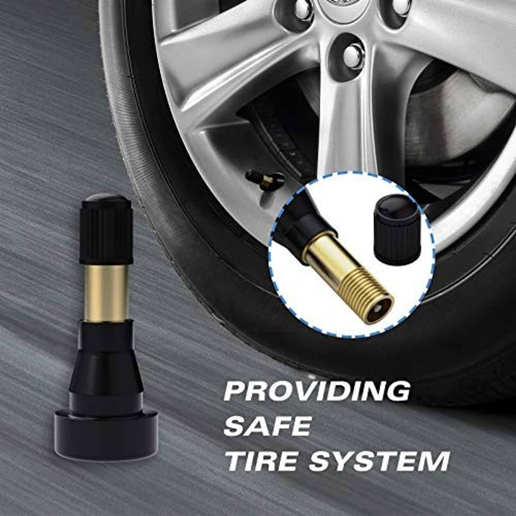 Snap-in tire valve stem installed on a car tire, black rubber and gold brass