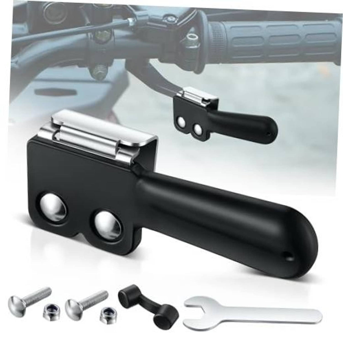 Black thumb throttle extender clamp with silver mounting plate and two side holes.