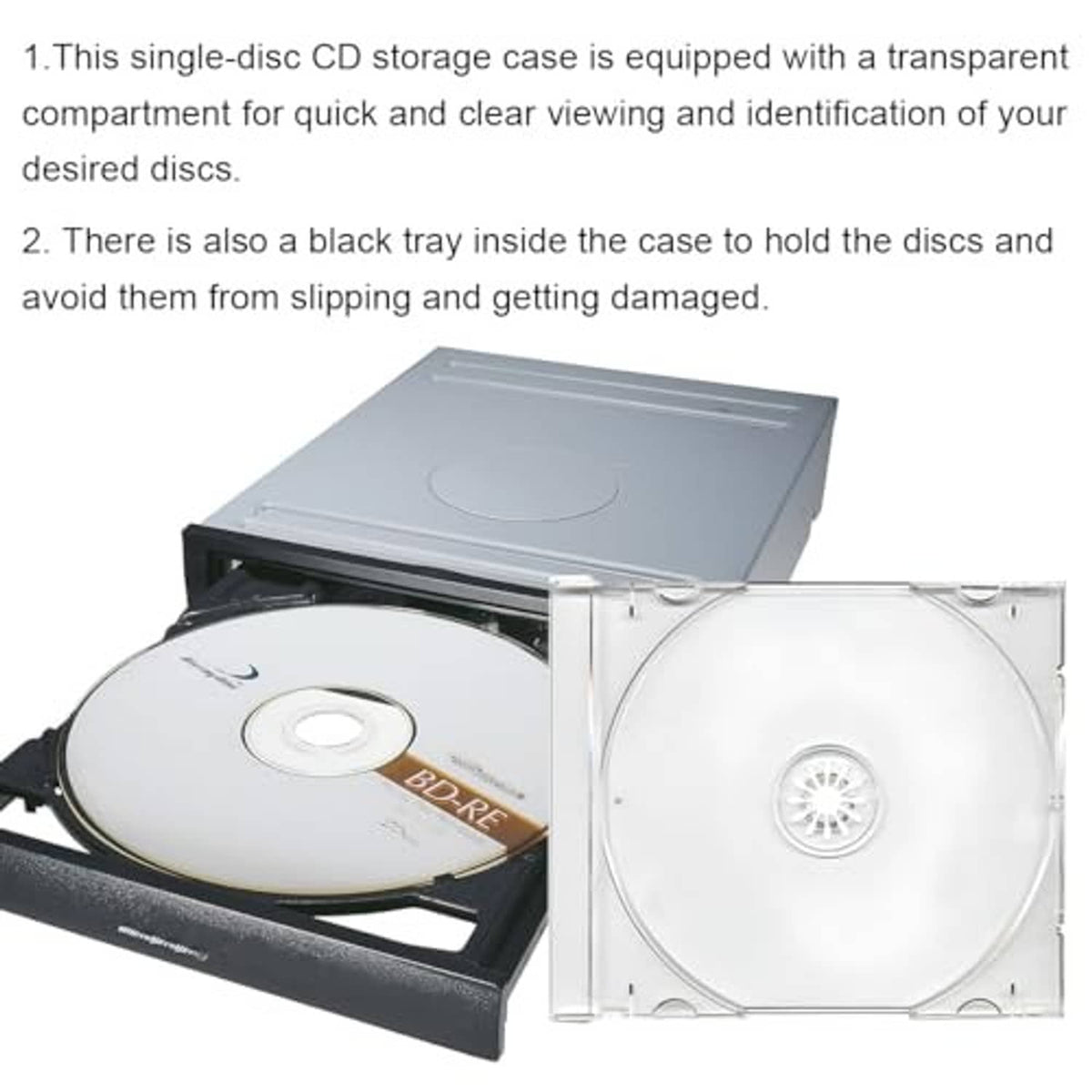 Clear CD jewel case with inner transparent compartment and black disc tray