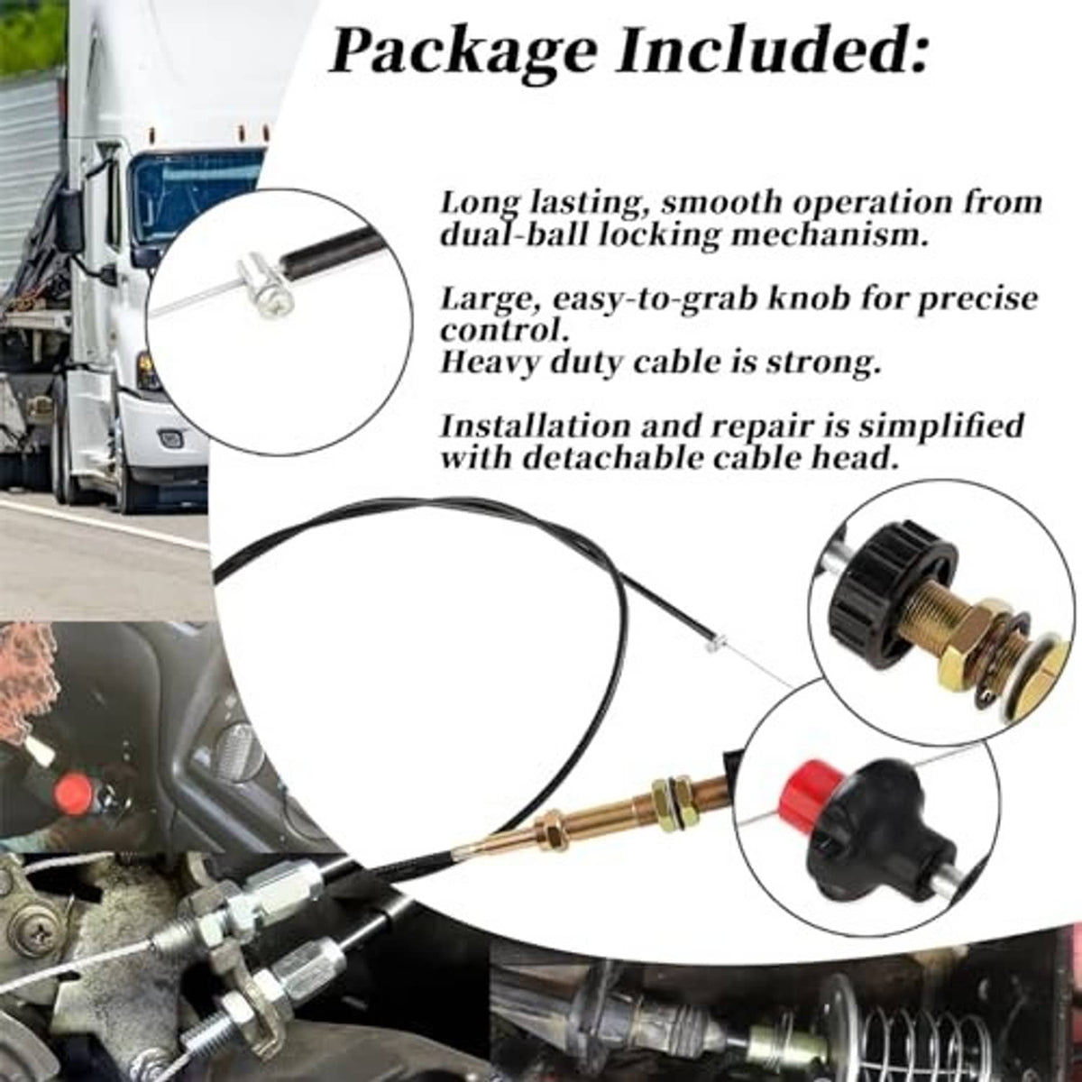 Throttle locking control cable with black cable, brass fittings, black knob, red button