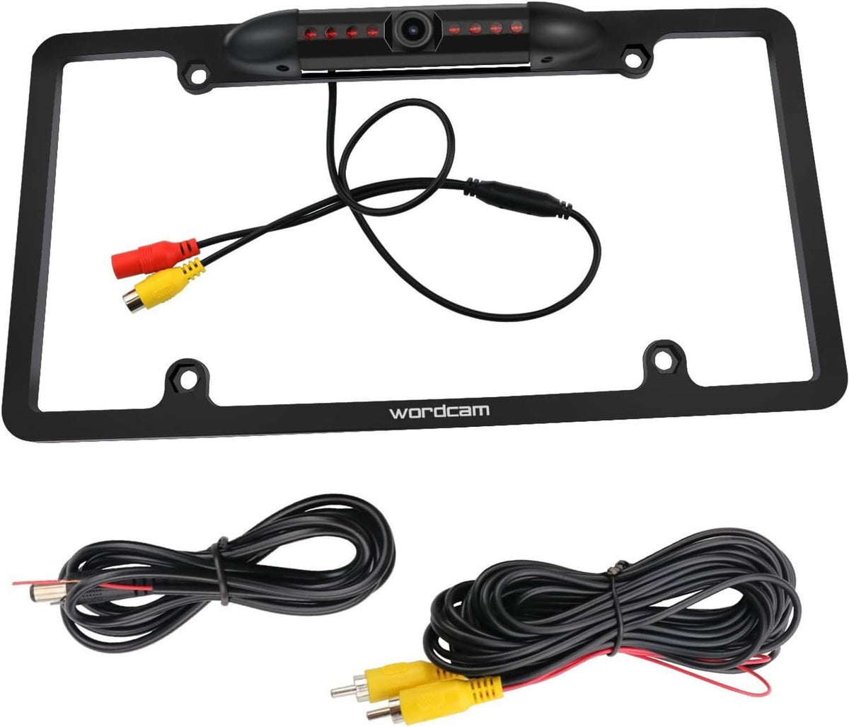 License plate camera frame with attached cables and AV connectors