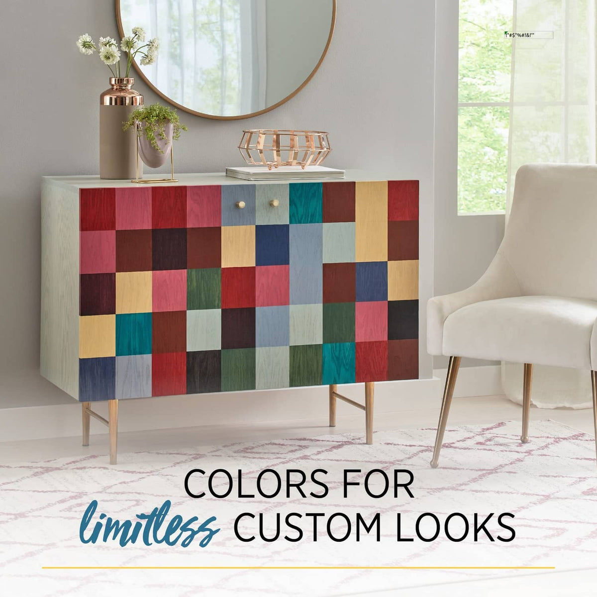 Colorful custom-look cabinet with multitone patchwork finish