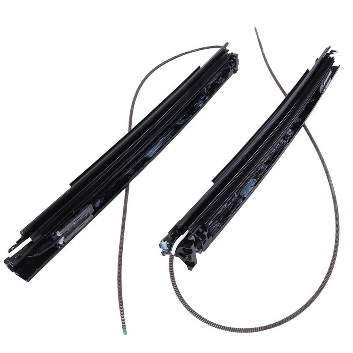 Set of two black sunroof sliding track rails with electrical wiring