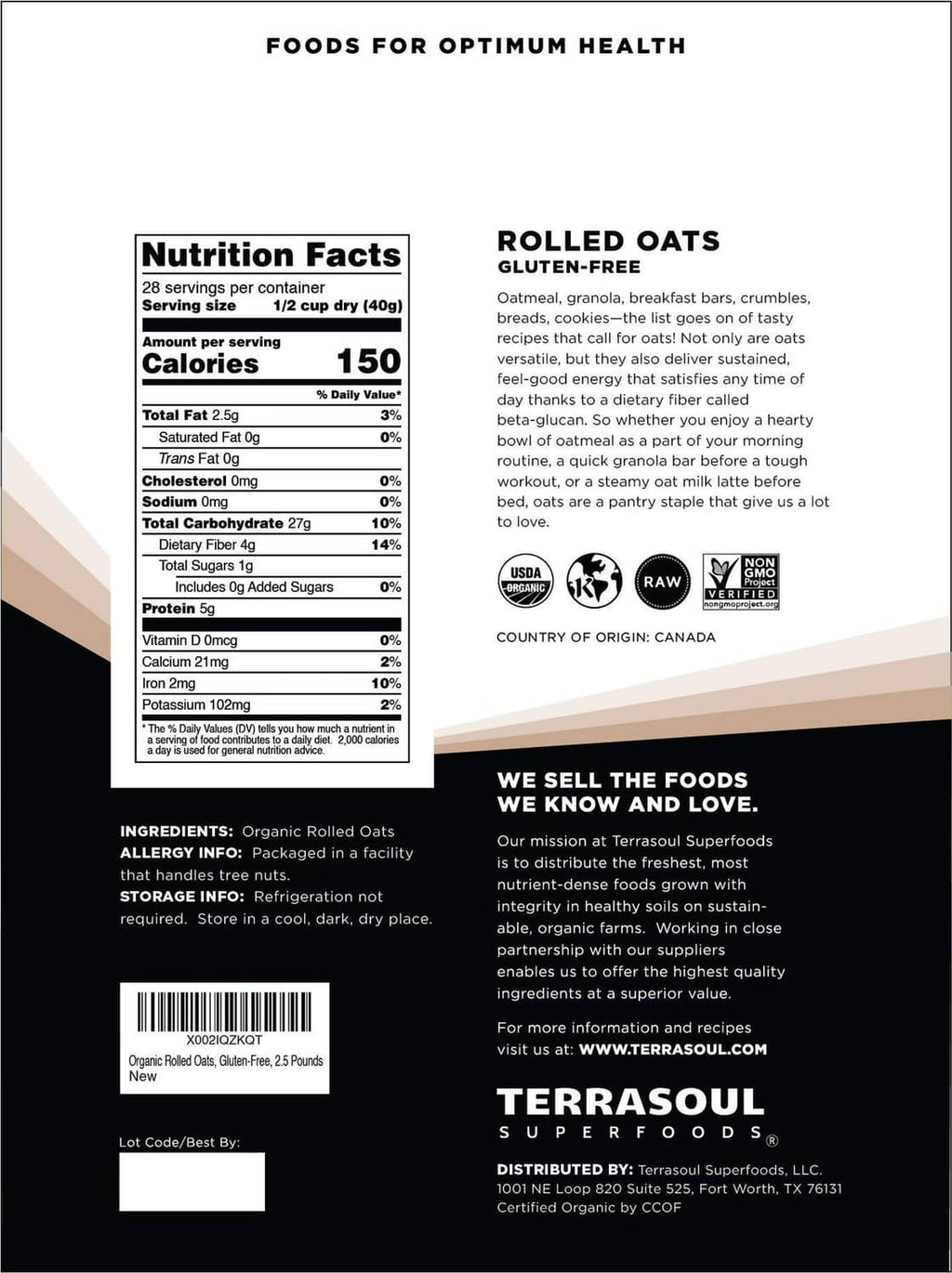 Terrasoul rolled oats bag back with Nutrition Facts and ingredients panel