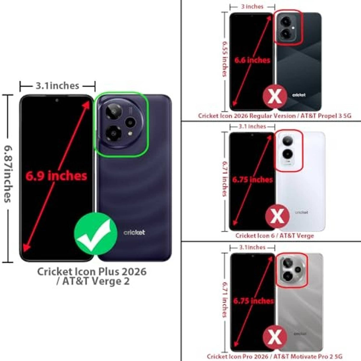 Rugged phone case size chart showing camera cutout placement for compatibility.