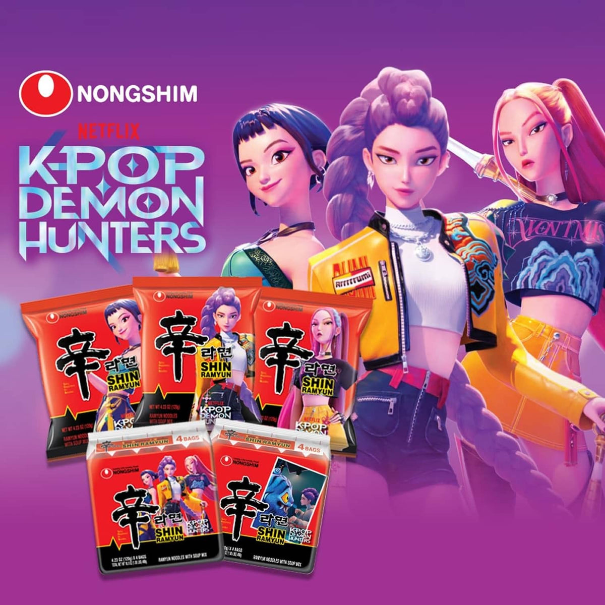 Spicy ramen noodle multipack featuring several red Nongshim Shin Ramyun packets