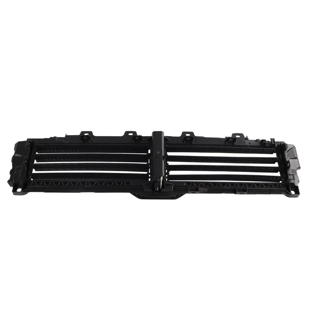 Upper radiator air shutter grille with motor, straight-on view of black horizontal bar grille
