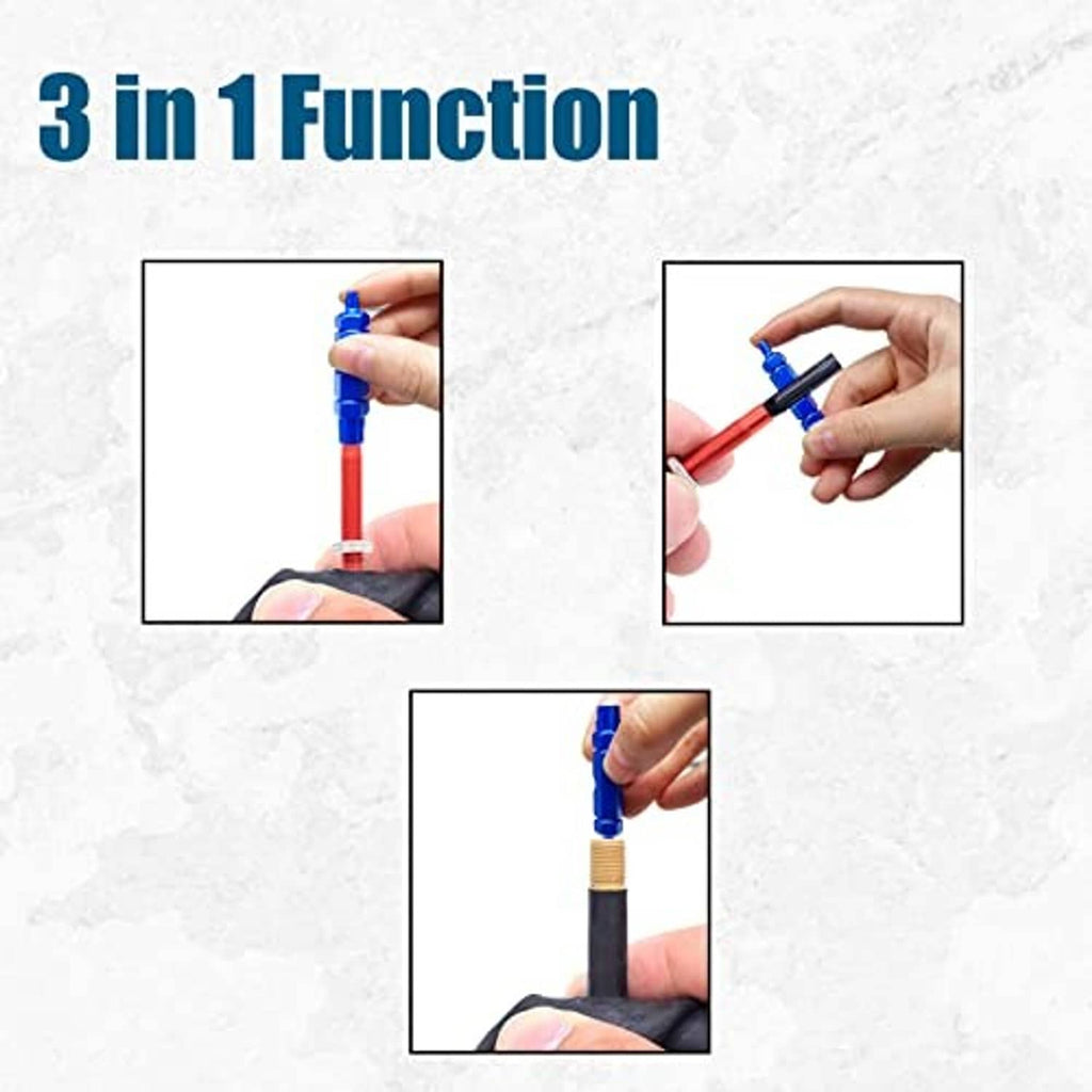 Blue 3-in-1 valve core remover tool, used with hands for tire repair