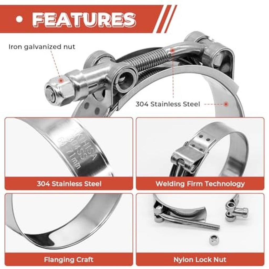 304 stainless T-bolt hose clamp features: flanging craft and nylon lock nut