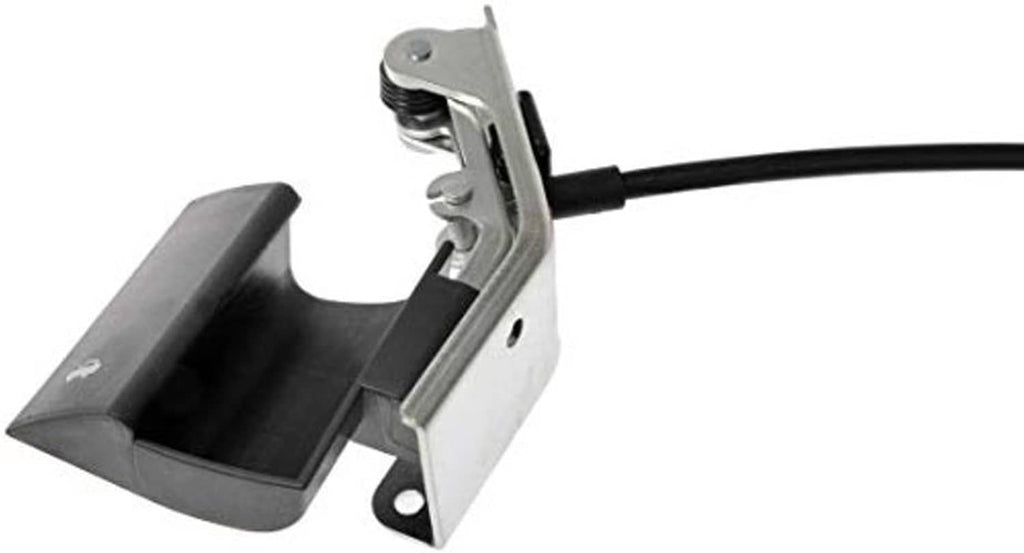 Hood latch release bracket with black cable cover and metal lever