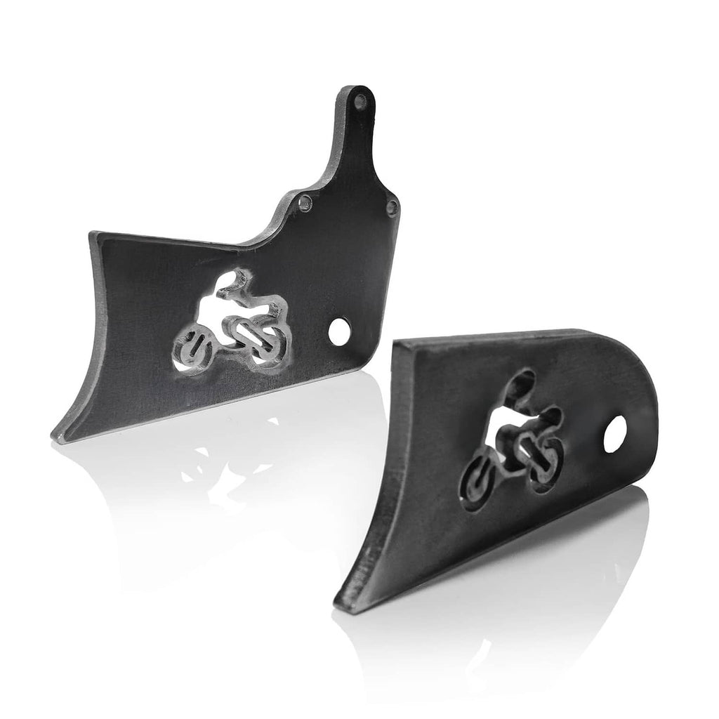 Black stretch extension mounting tabs with bicycle icon and bolt holes, metal brackets
