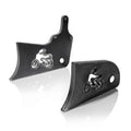 Black stretch extension mounting tabs with bicycle icon and bolt holes, metal brackets