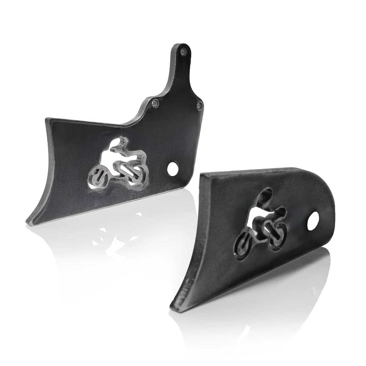 Black stretch extension mounting tabs with bicycle icon and bolt holes, metal brackets