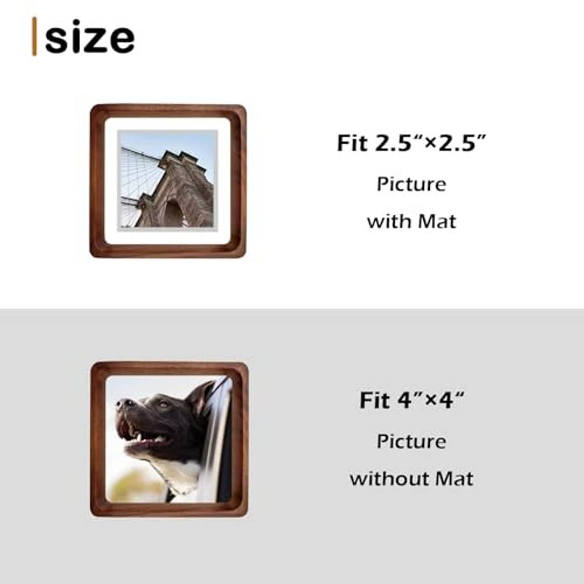 Walnut square photo frame: fits 2.5x2.5 with mat or 4x4 without mat