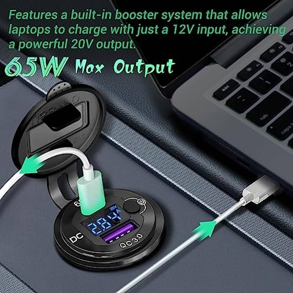 Round 65W car USB charger with QC 3.0 port and USB cable connected to a laptop