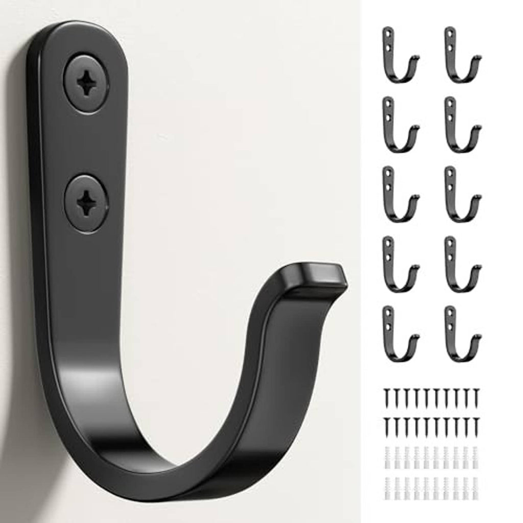 Black U-shaped metal wall hook with two screw slots; includes screws and extra hooks