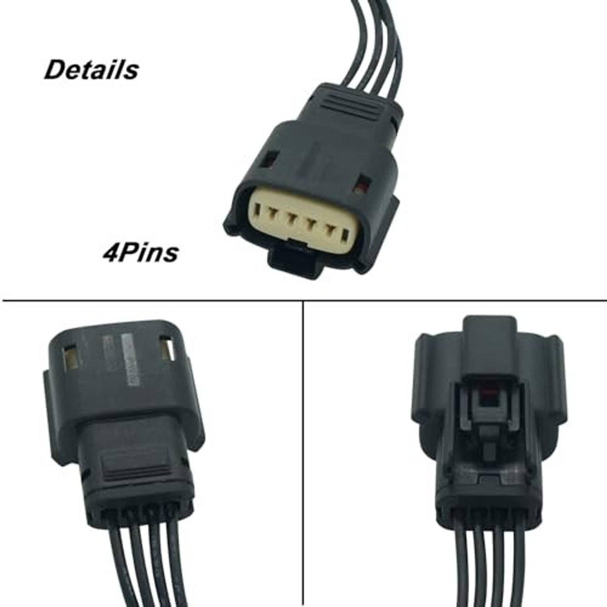 4-pin HID headlight connector pigtail shown in close-up front and side views