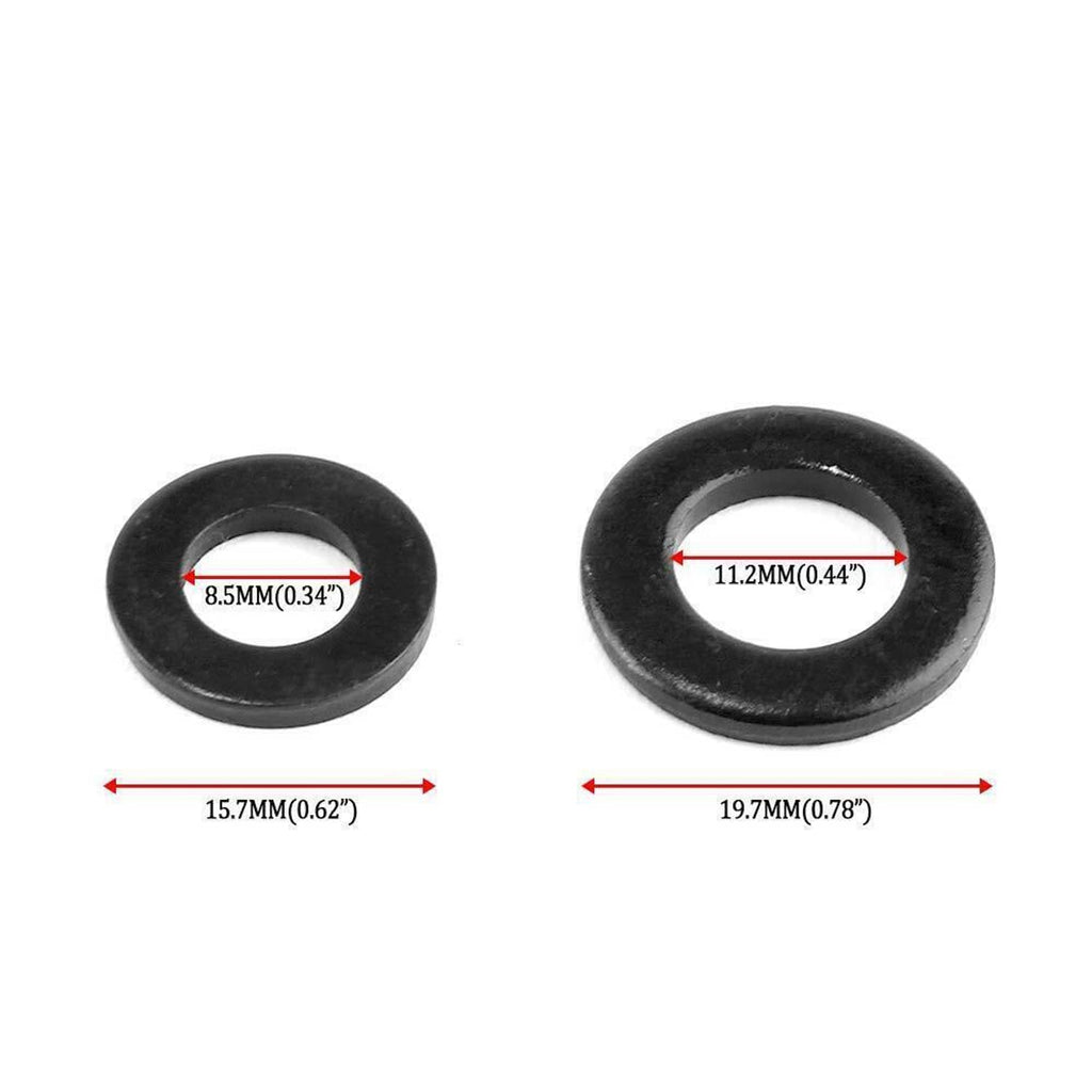 Black washer set with two sizes, shown with inner hole diameter dimensions