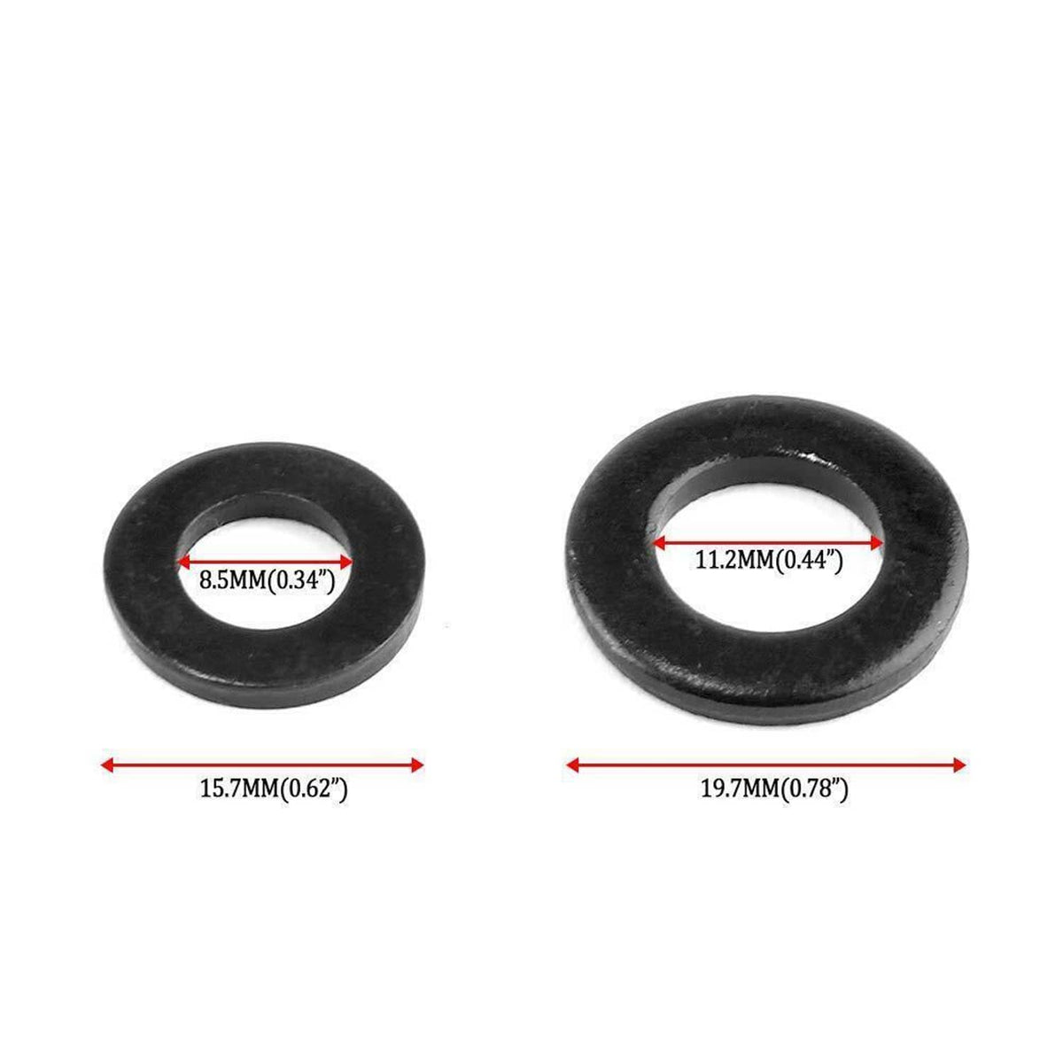 Black washer set with two sizes, shown with inner hole diameter dimensions