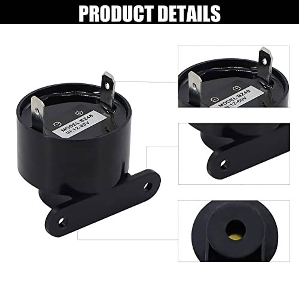 Buzzer product details showing mounting tabs, base plate, and model label