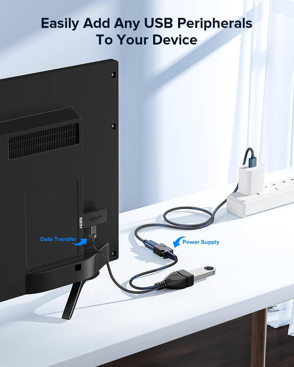 2-in-1 Micro USB OTG cable adapter providing power for USB peripherals, black cable