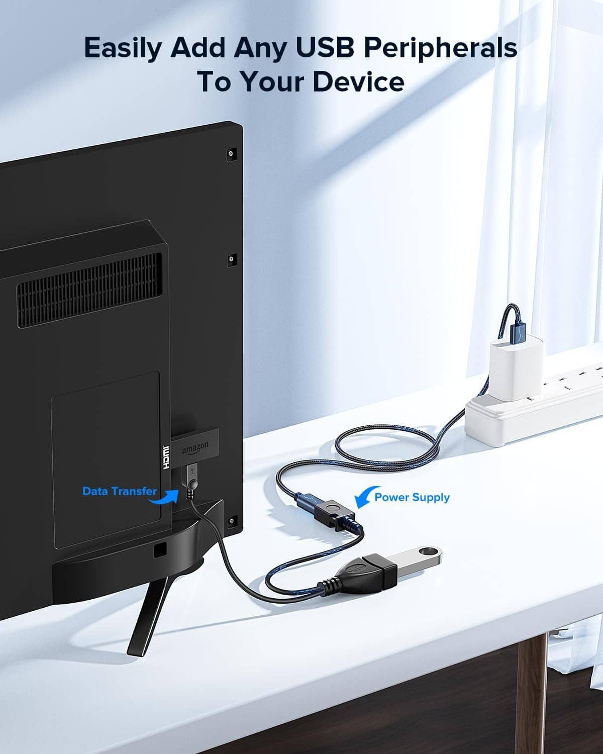 2-in-1 Micro USB OTG cable adapter providing power for USB peripherals, black cable
