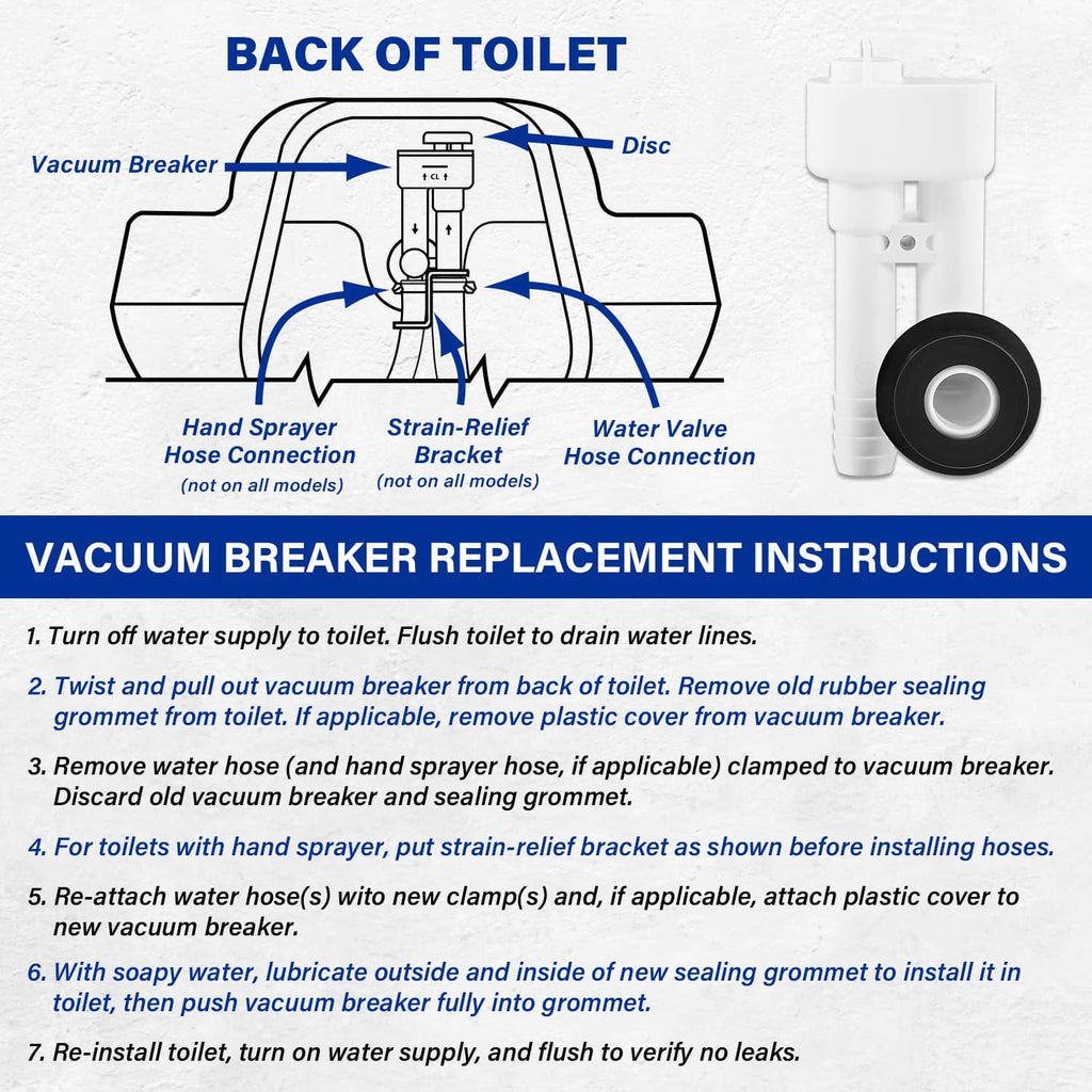 Toilet vacuum breaker replacement diagram showing disc, hand-sprayer connection, hose clamp
