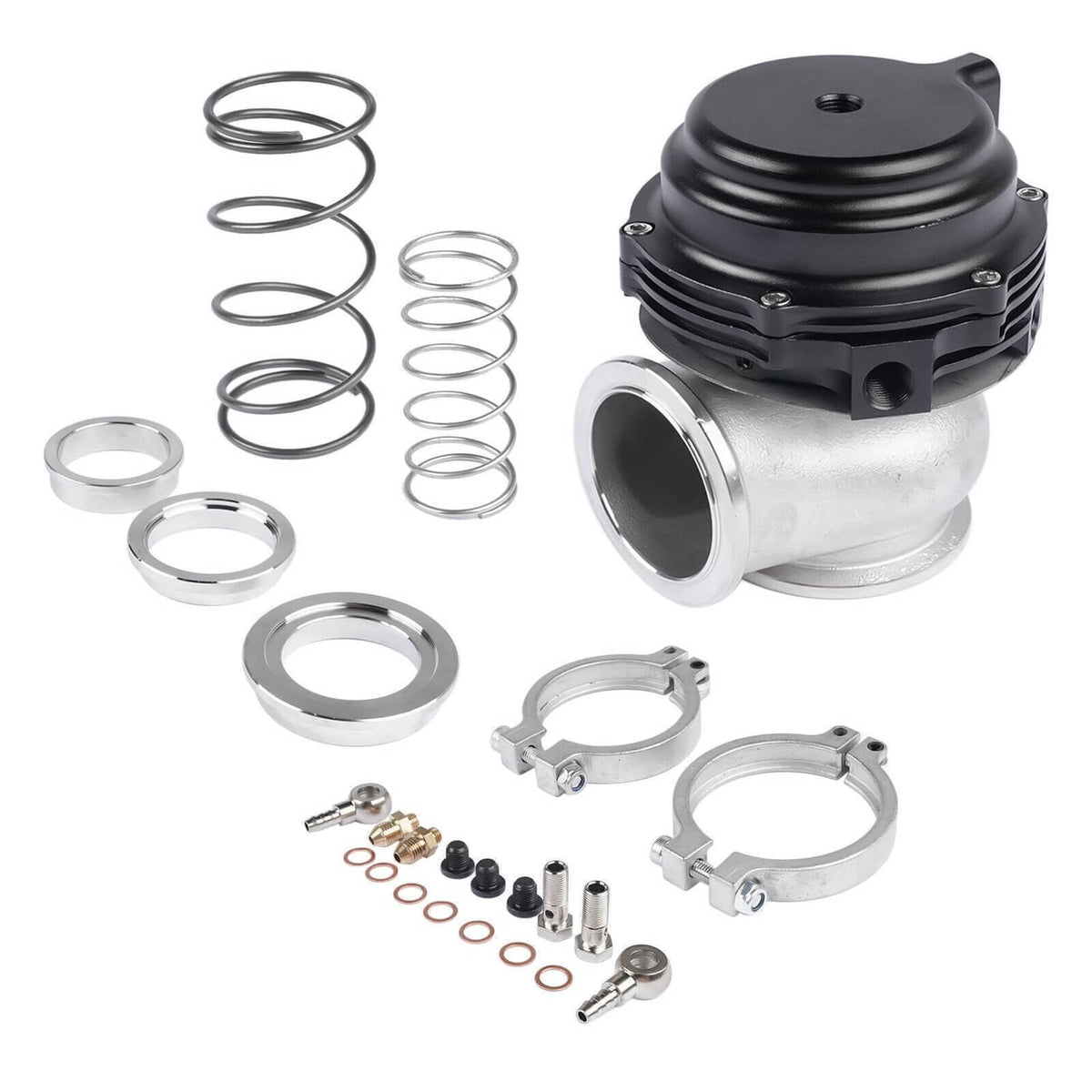 External turbo wastegate bundle with black top, silver body, springs, and clamp rings