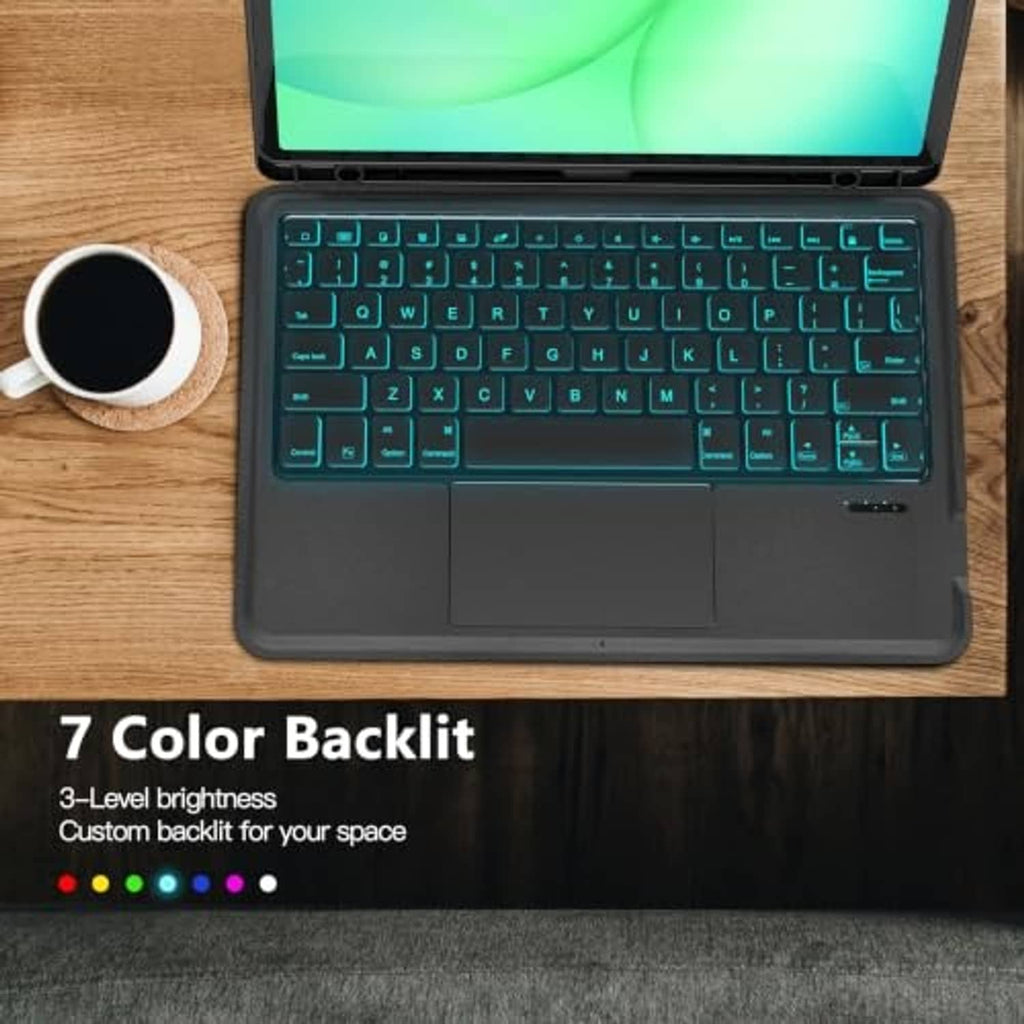 Space black keyboard case with teal backlit keys on tablet cover