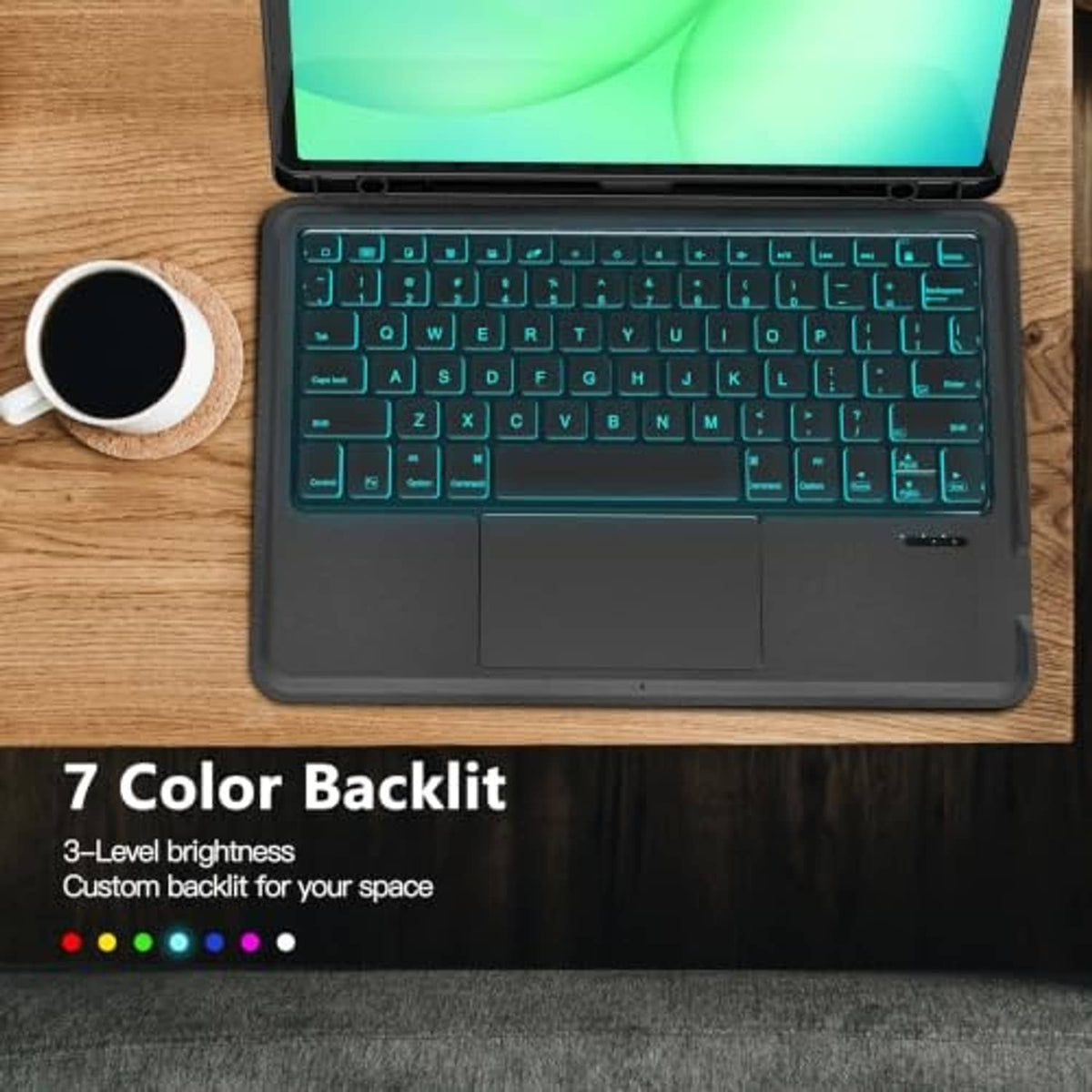 Space black keyboard case with teal backlit keys on tablet cover
