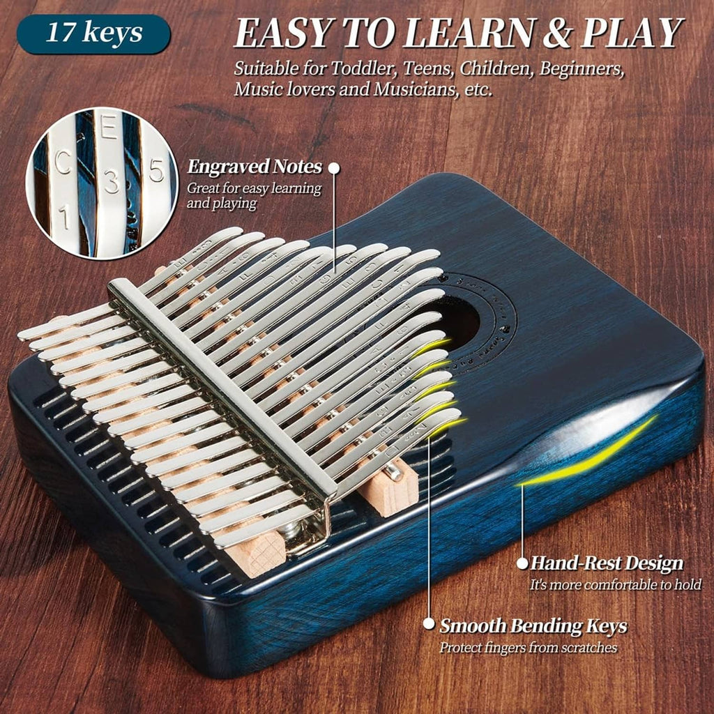 Blue 17-key kalimba with metal tines, circular sound hole, and hand-rest design