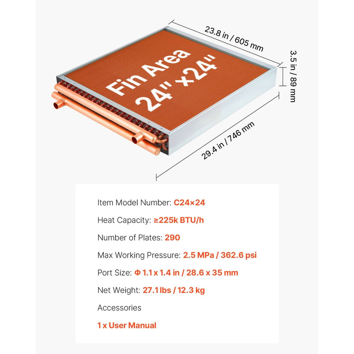 24x24 heat exchanger coil with orange-brown fins, copper tubes, and steel frame