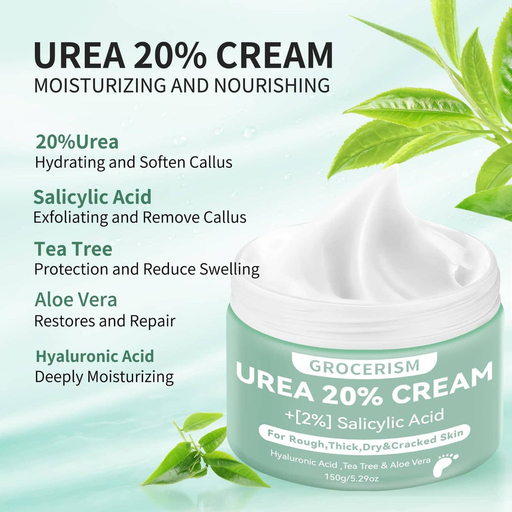 Urea 20% cream jar with teal label and white cap, with aloe and leaf accents.