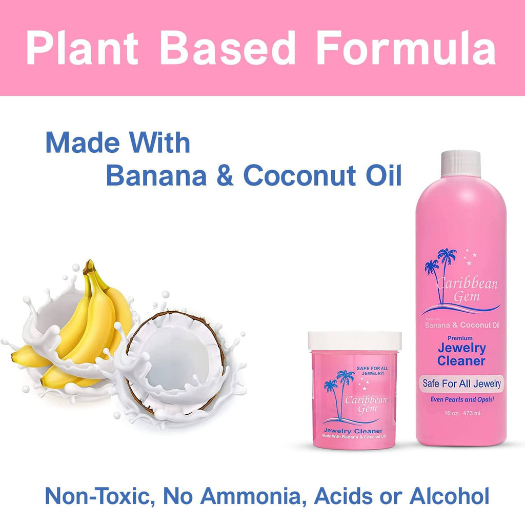 Plant-based jewelry cleaner bottles with banana and coconut oil graphic