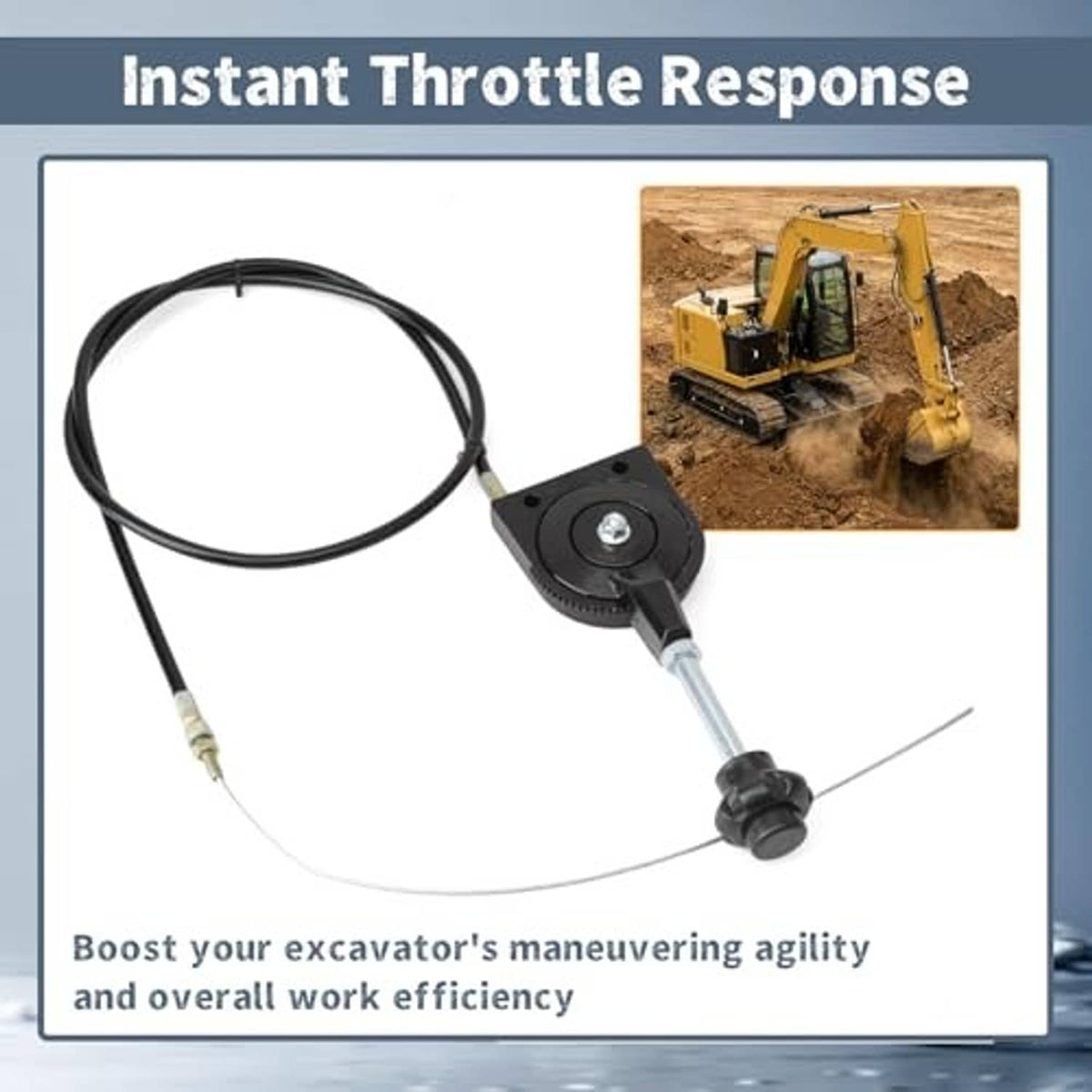 Excavator throttle control cable kit with black lever, spring rod, and cable length