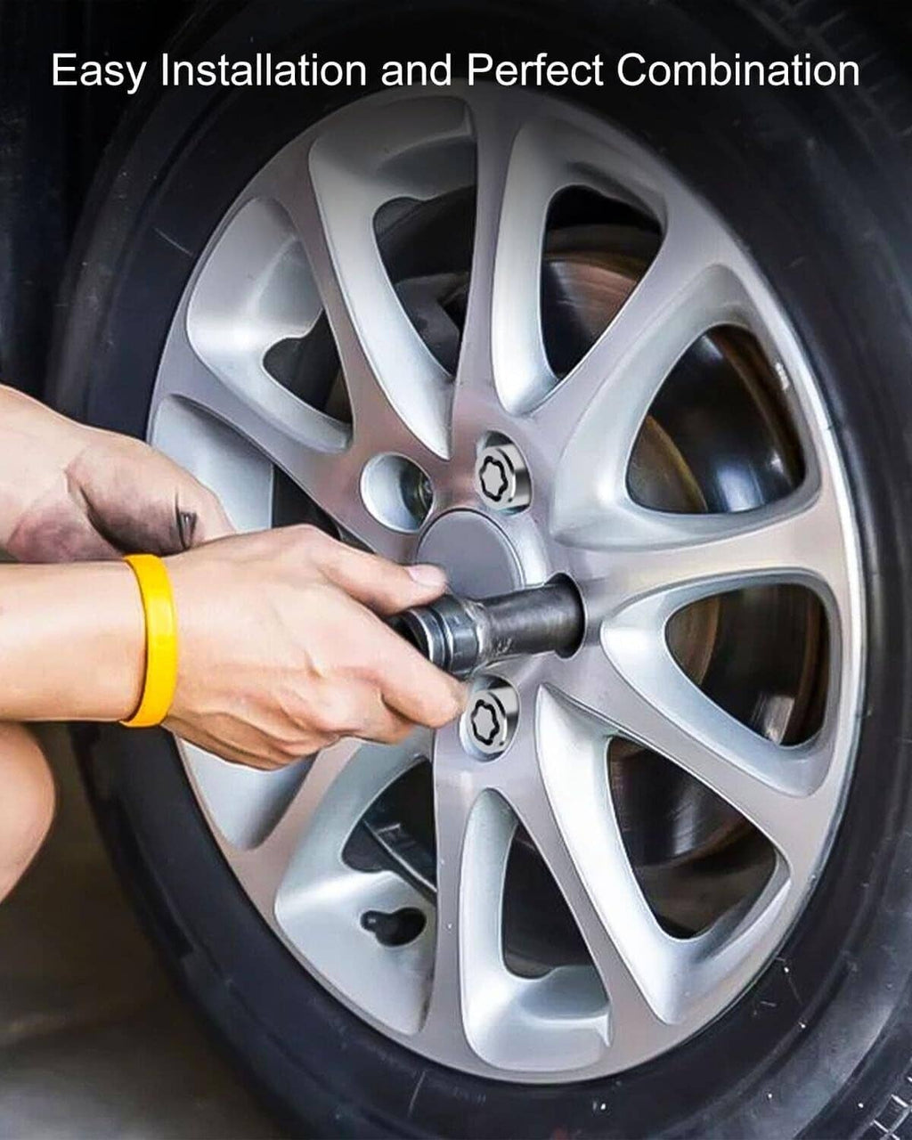 Alloy wheel lock lug nuts installed on a car wheel with a locking socket tool