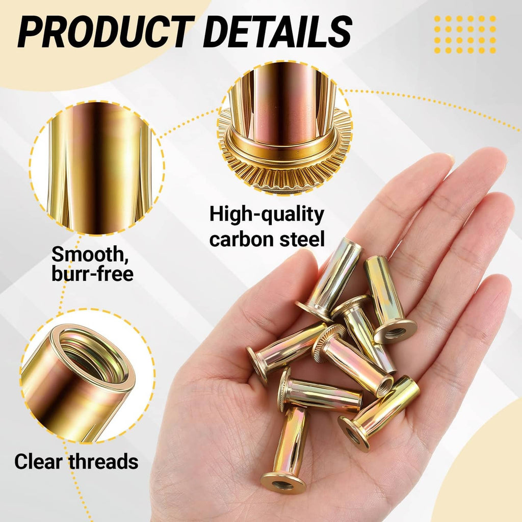 Gold multi-grip rivet nuts held in hand, threaded openings visible