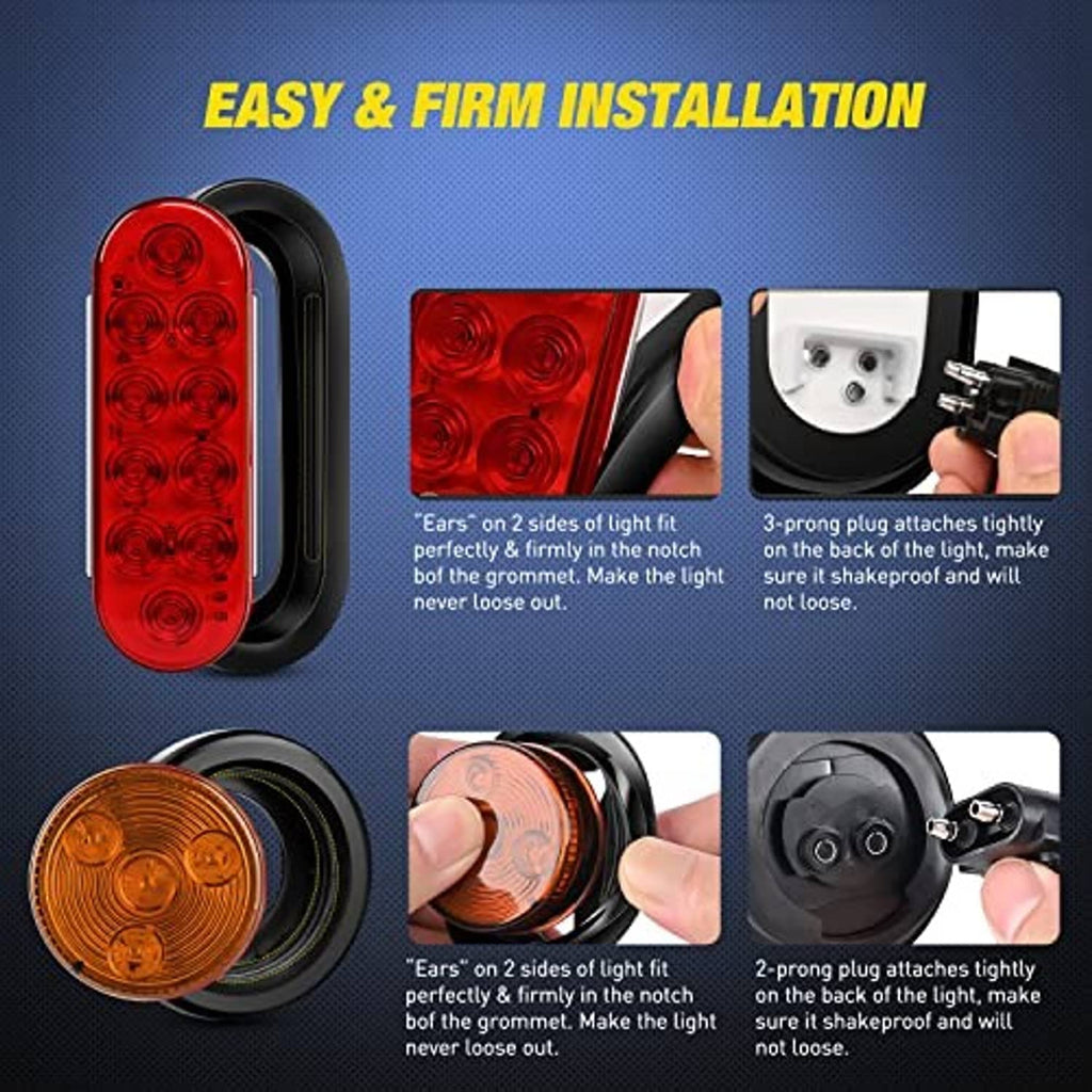 Red oval tail light and amber marker light with installation plug and notch views
