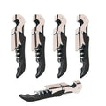 Set of four waiter corkscrews with black handles and silver cork pull levers