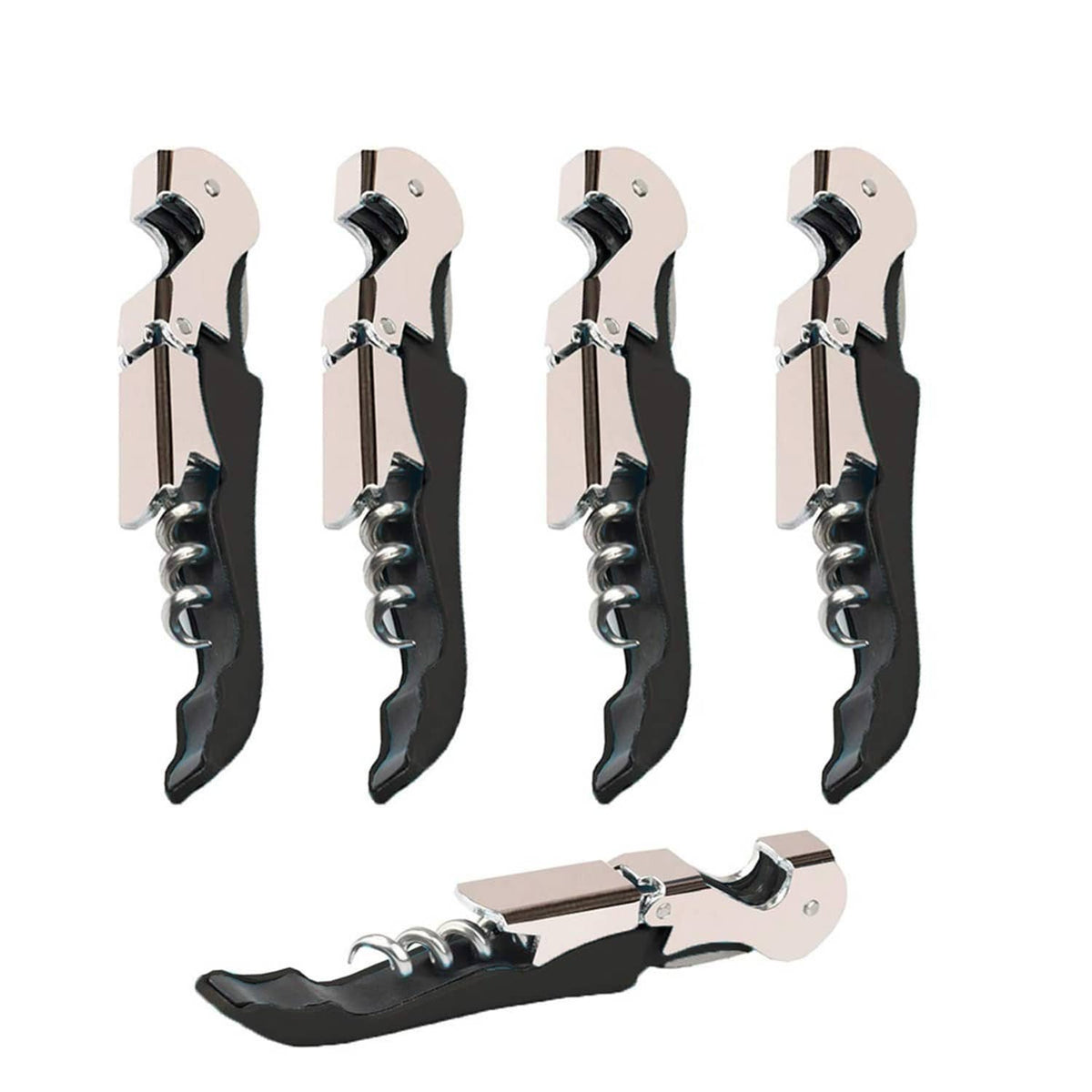 Set of four waiter corkscrews with black handles and silver cork pull levers