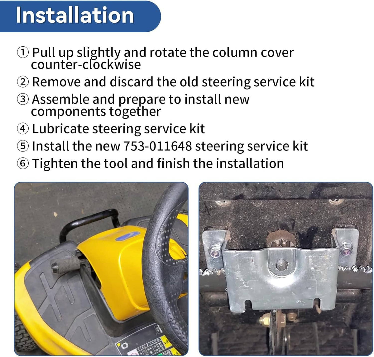 Steering service kit installation showing steering bracket replacement and tool steps