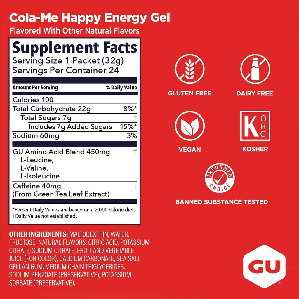Energy gel supplement facts panel for cola Me-Happy, shows nutrients and ingredients