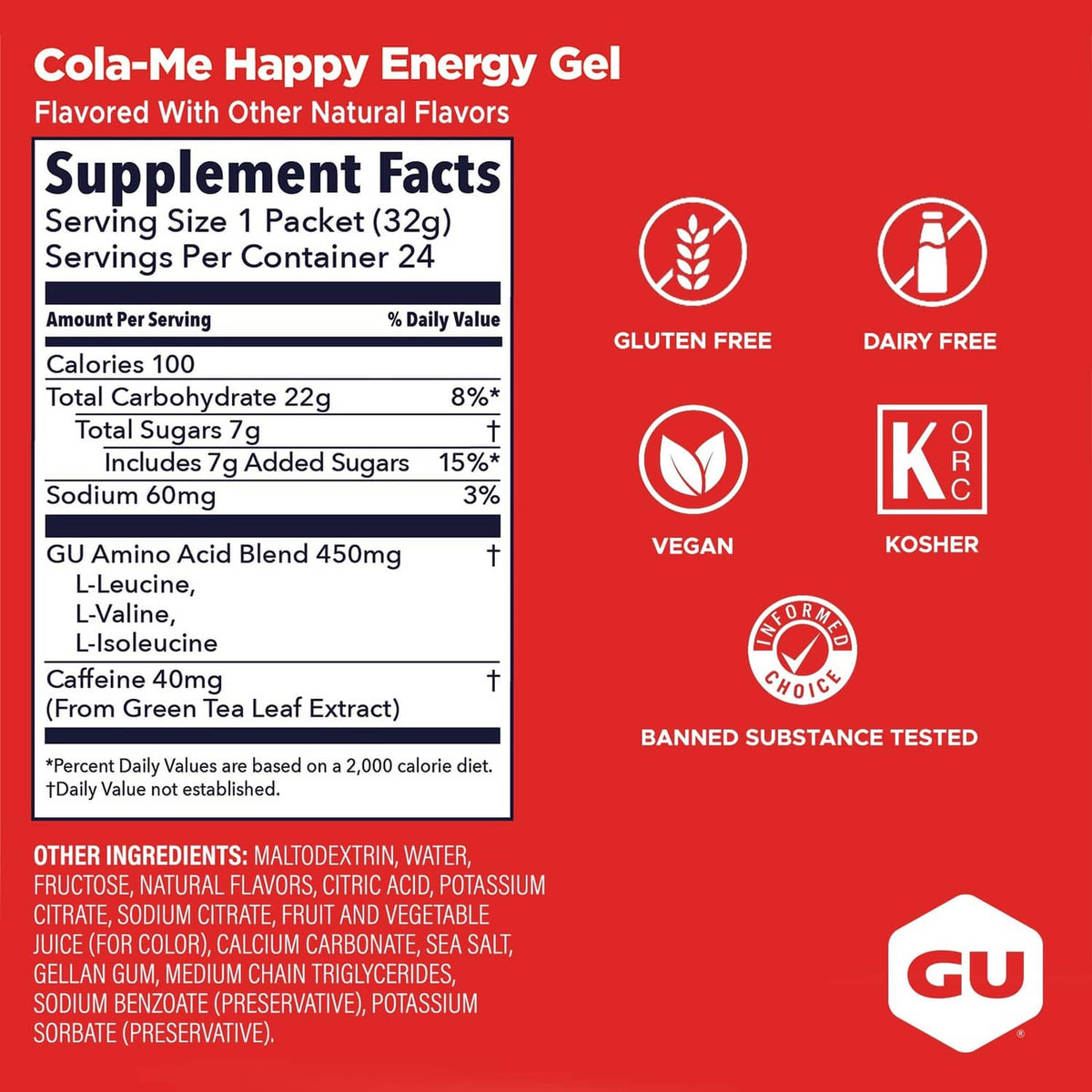 Energy gel supplement facts panel for cola Me-Happy, shows nutrients and ingredients