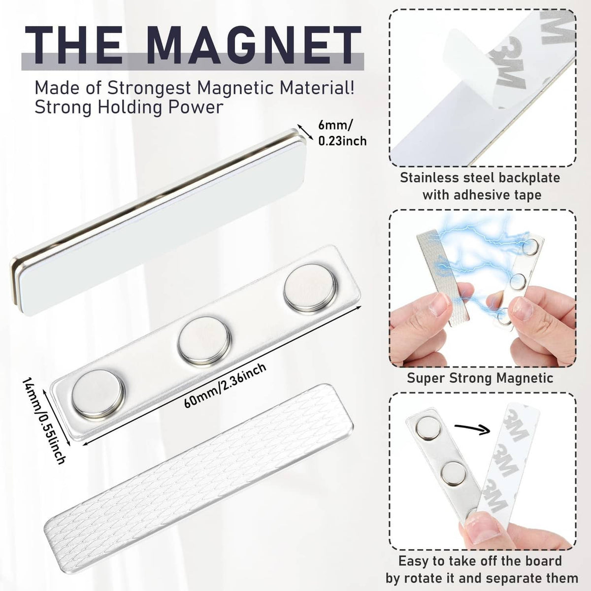 Silver magnetic curtain weight bars with adhesive tape backing and round magnet faces