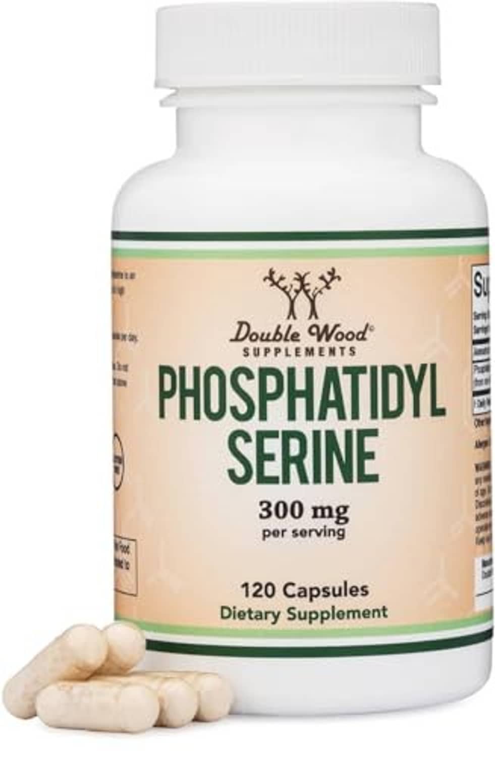 Phosphatidylserine 300 mg bottle with capsules beside it, Double Wood Supplements