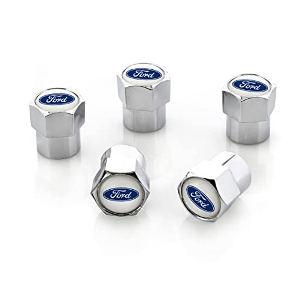Set of chrome valve cap covers with blue Ford logo discs for wheel valve stems