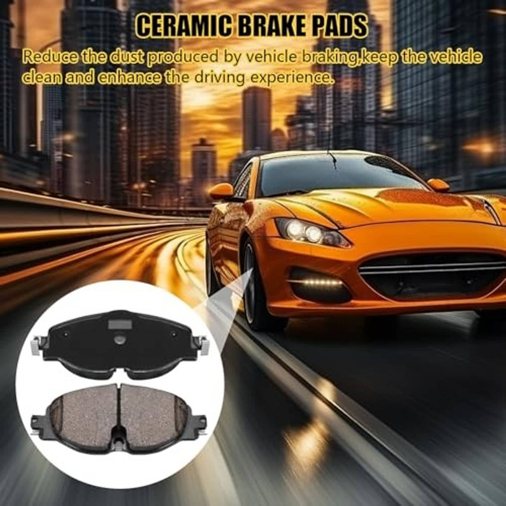 Ceramic brake pad set shown in circle cutout, front and rear pads with dark backing