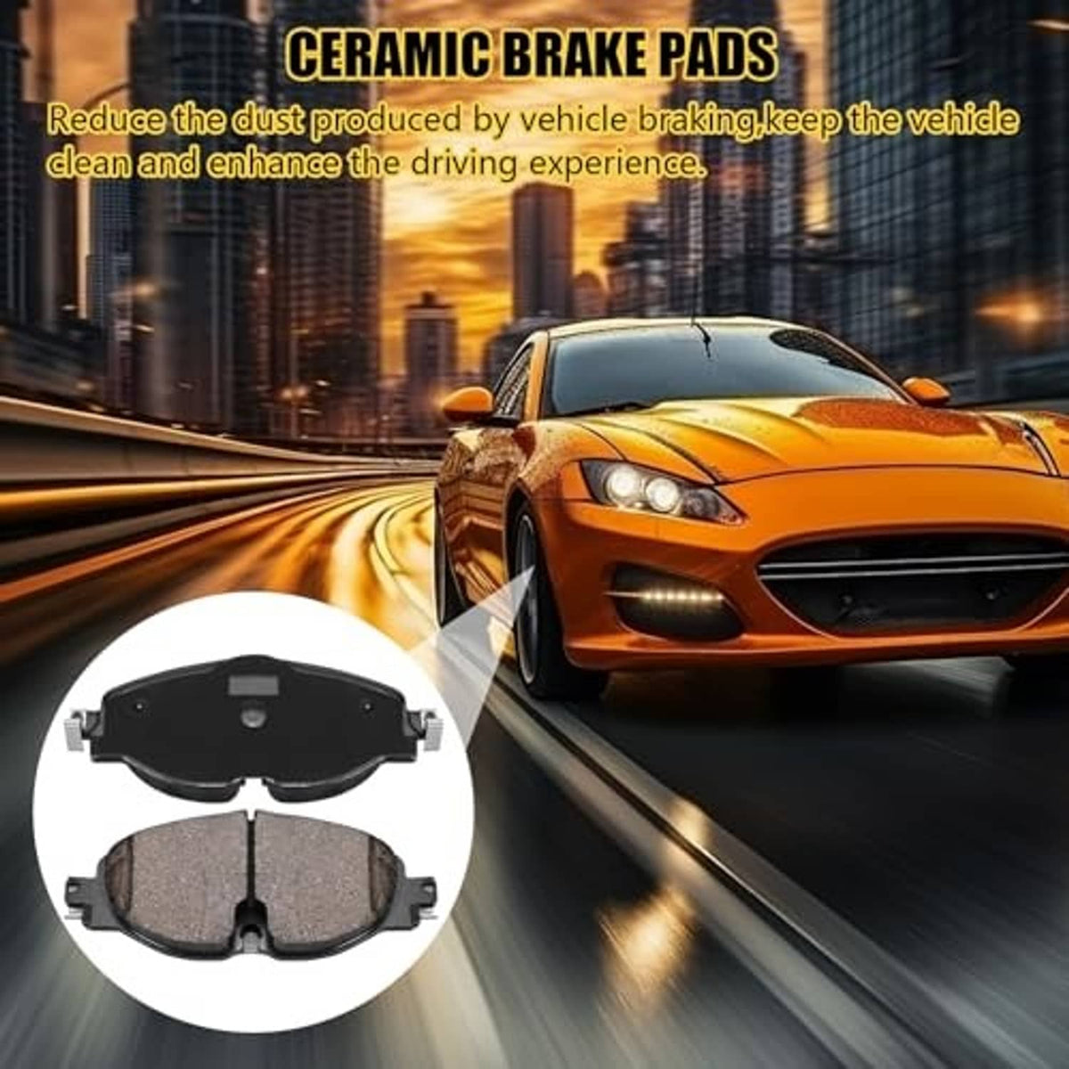 Ceramic brake pad set shown in circle cutout, front and rear pads with dark backing